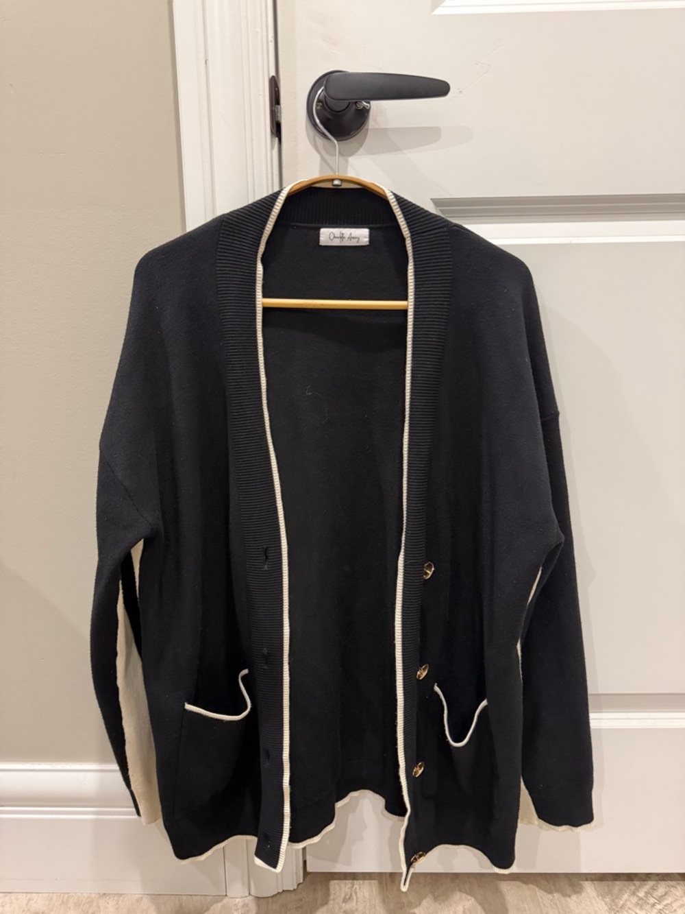 Chic Black Cardigan with Cream Trim - Picture 1 of 3